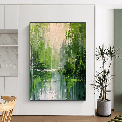 Hand-Painted Large Abstract Painting For Living Room With Green, White Textured Landscape-Inspired On Canvas PT200