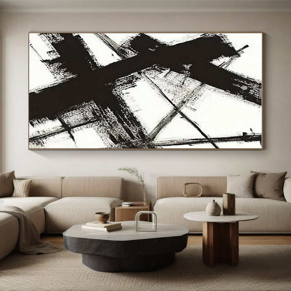 Cool Abstract Paintings - Black & White Dynamic Lines Abstract Art PT567