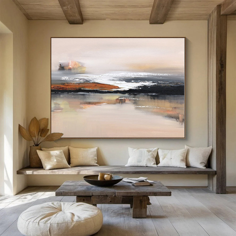 Large Painting In Living Room Beige, Black & White Abstract Coastal Art HPS157