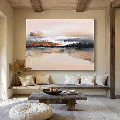 Large Painting In Living Room Beige, Black & White Abstract Coastal Art HPS157