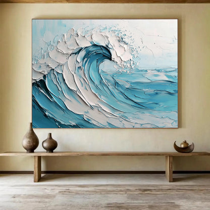 Gaint Canvas Art Blue & White Textured Wave Impressionistic Acrylic Painting HPS242