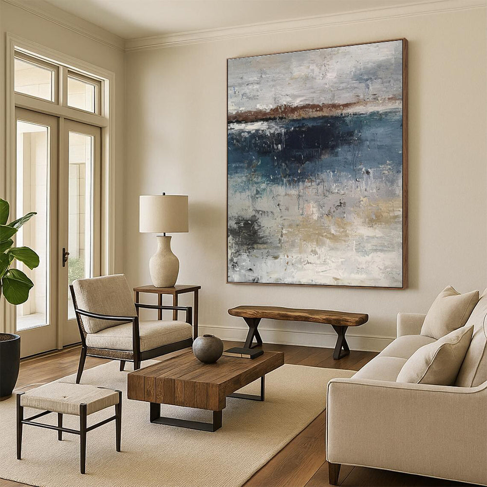 Large Painting In Living Room Gray, Blue & Beige Abstract Waterfront, Modern Art Acrylic DPS500