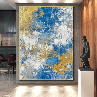 Oversized Abstract Wall Art Blue, Gold & Gray Textured Abstract Painting On Canvas PT118