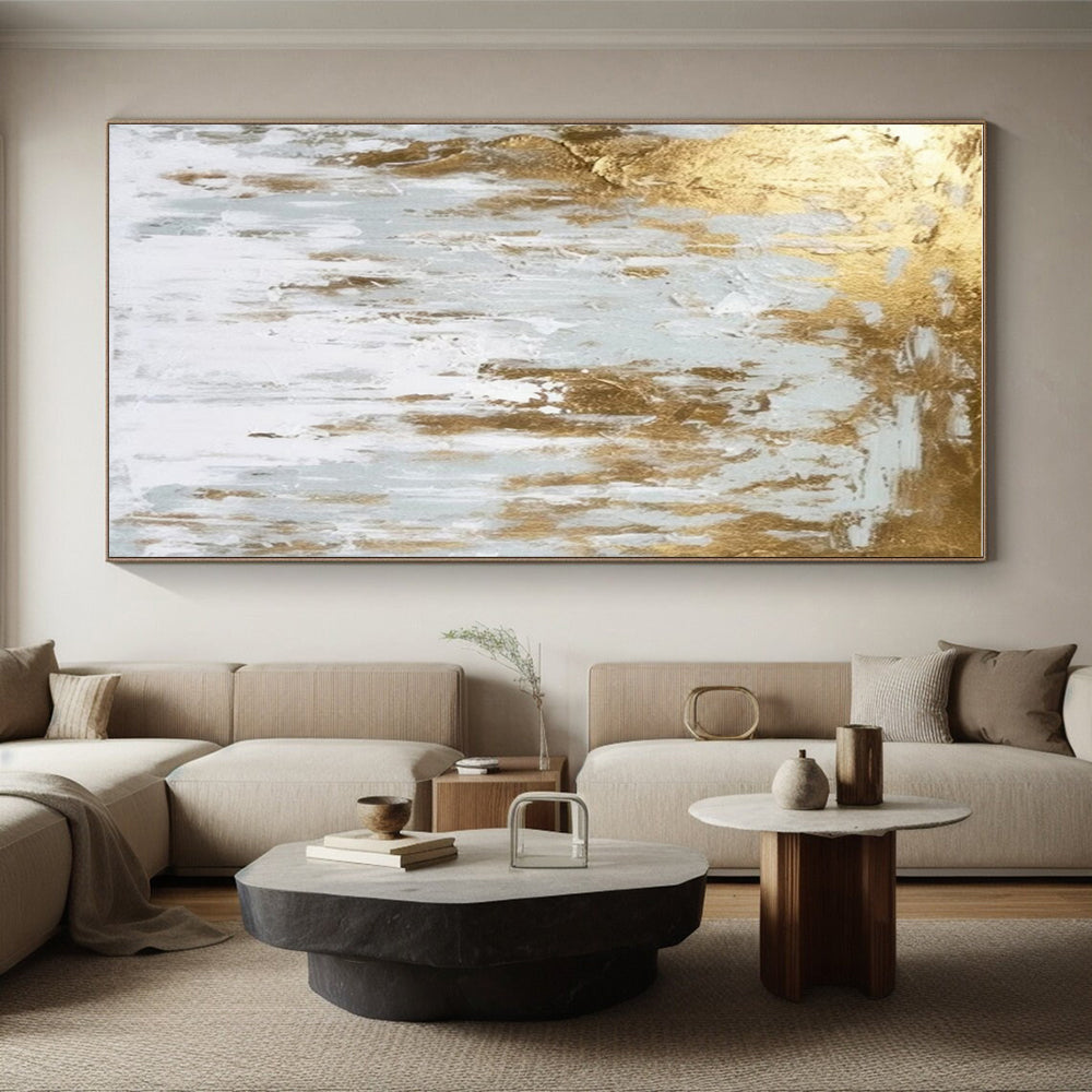 Hand-Painted Gold and White Textured Abstract Art PT666