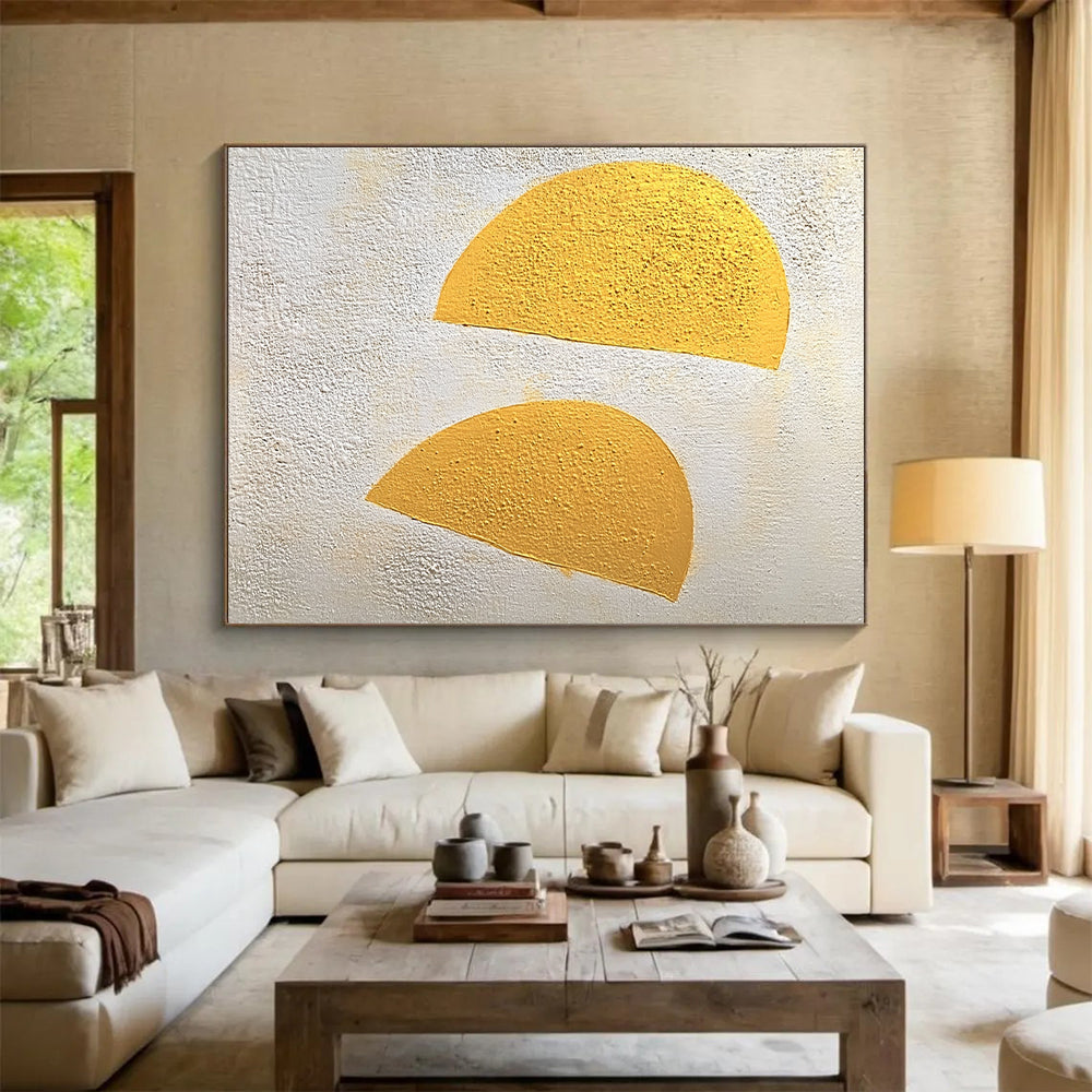Large Abstract Painting For Living Room With Gold, White Textured Semi-Circles On Canvas PT191
