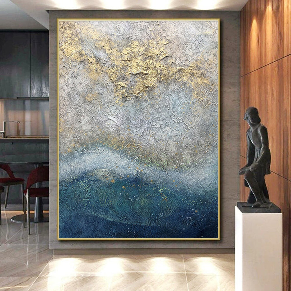 Huge Size Textured Gray and Gold Abstract Painting, Oversized Abstract Wall Art PT005
