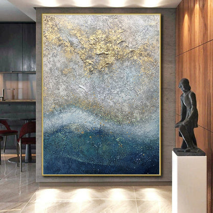 Huge Size Textured Gray and Gold Abstract Painting, Oversized Abstract Wall Art PT005