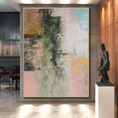 Large Painting In Living Room with Green, Pink, Teal, and Yellow Abstract Design, Handmade Art PT288