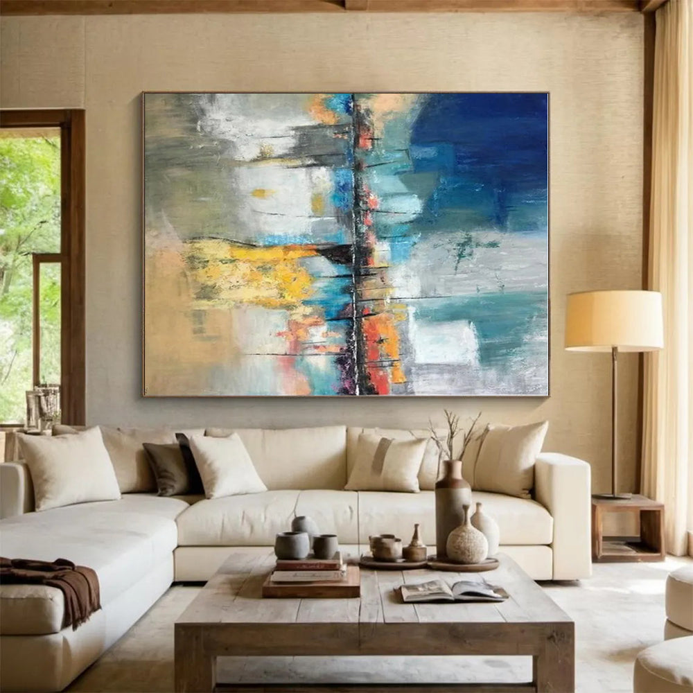 Hand-Painted Blue, Yellow, and Red Cityscape Abstract Art PT806