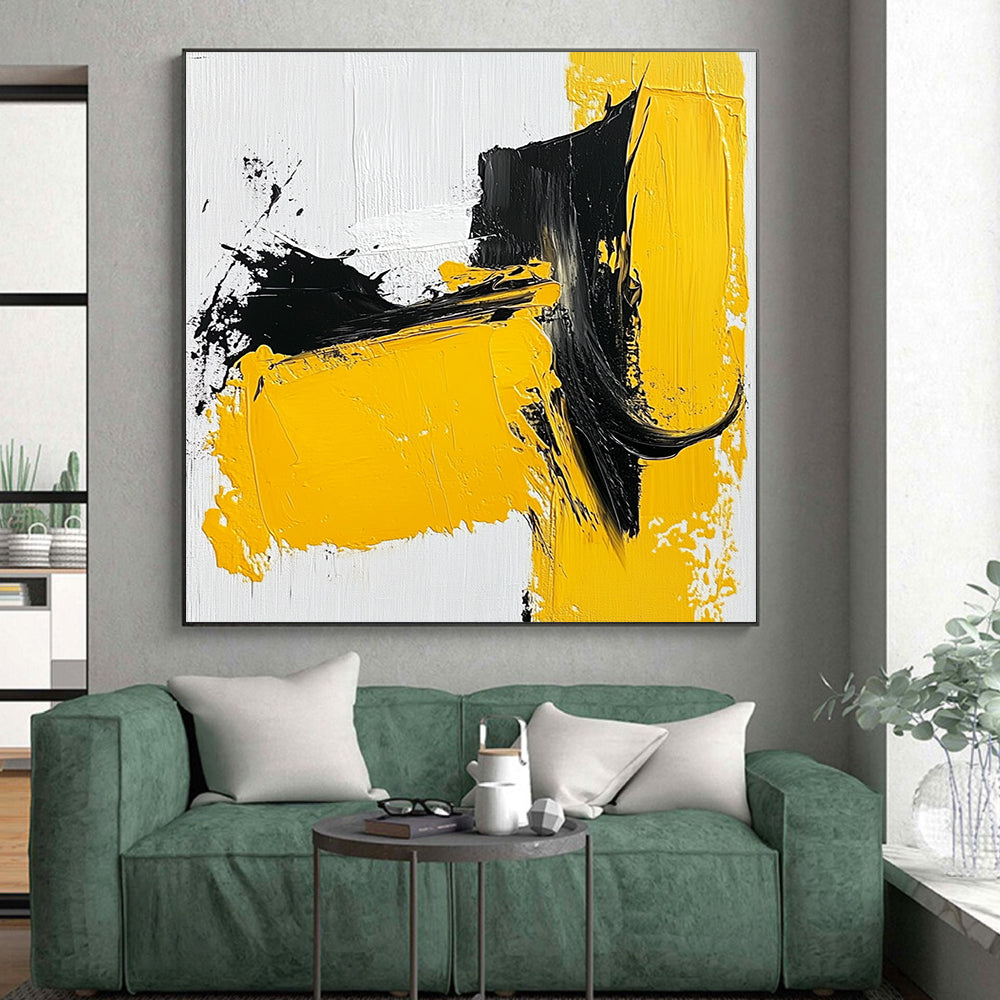 Large Abstract Painting For Living Room, Yellow Black White Abstract Expressionist Art PT140