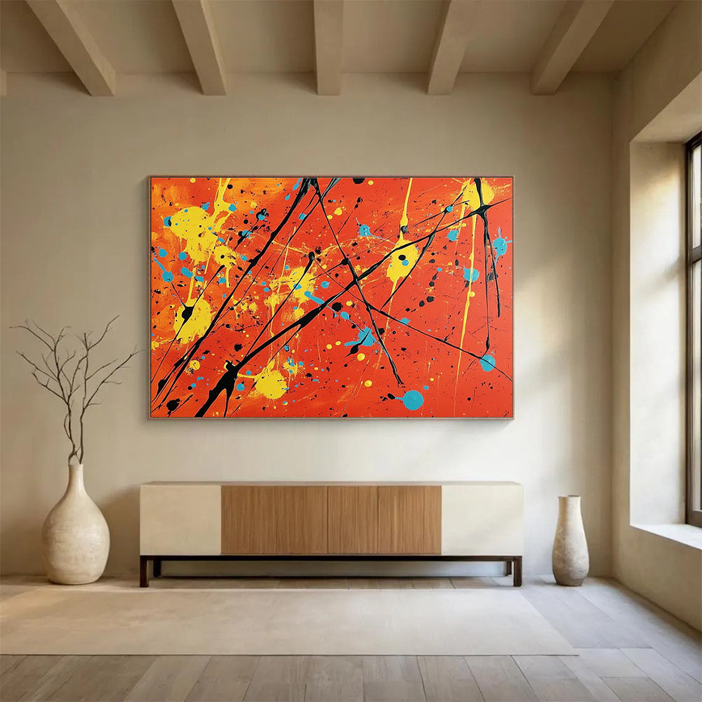 Acrylic Modern Art Paintings Orange, Yellow, Blue & Black Splatter Abstract Painting HPS255