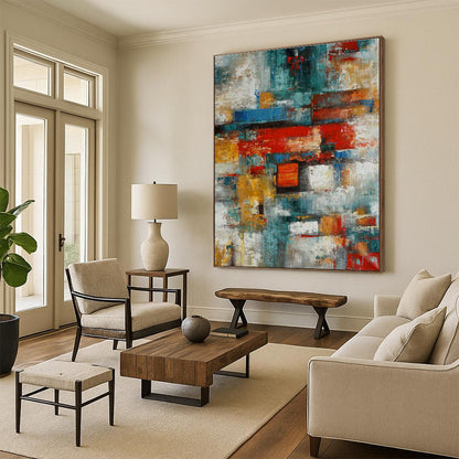 Hand Painting Red, Teal, and Yellow Geometric Abstract Art PT771