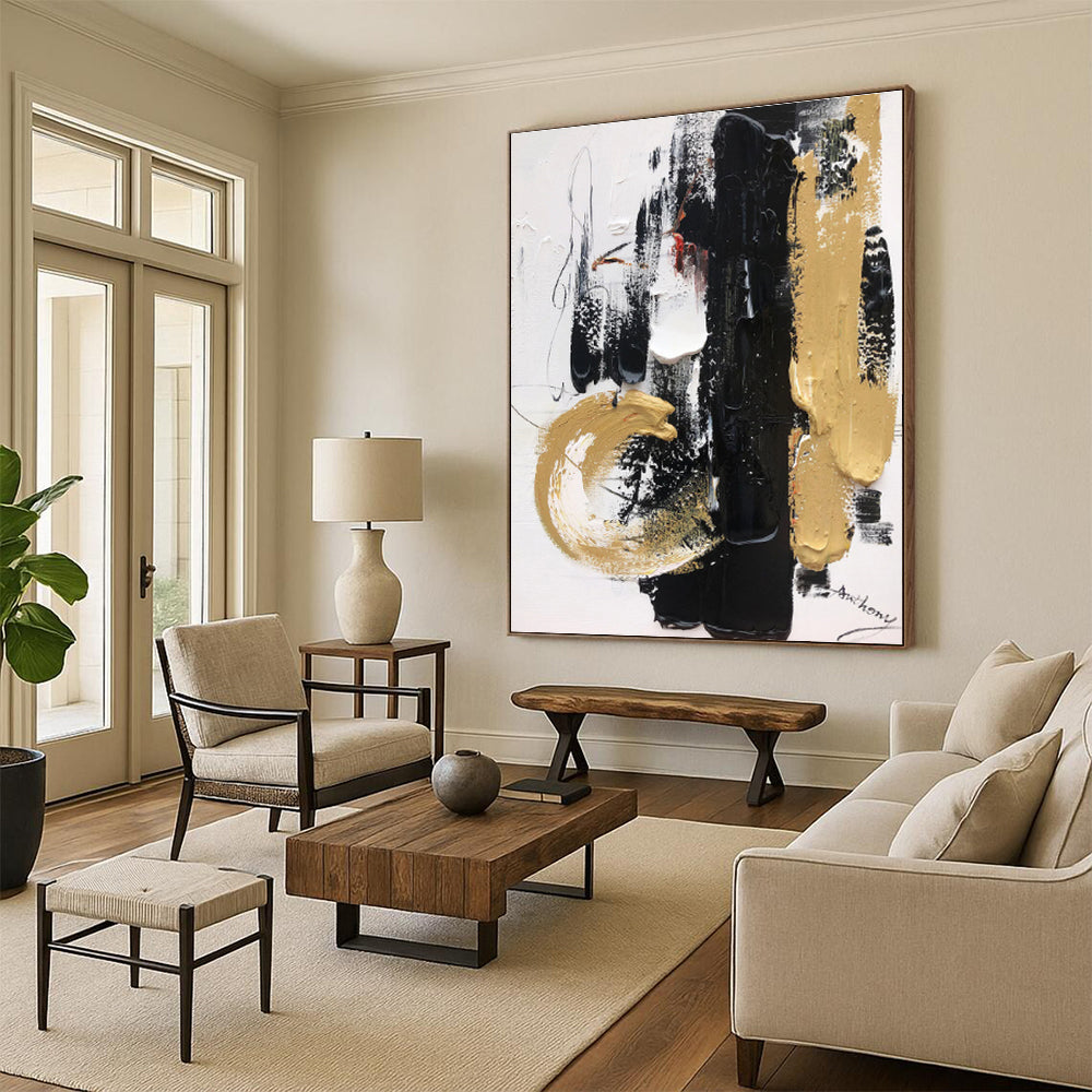 Large Size Black Gold White Abstract Expressionist Acrylic Painting PT474