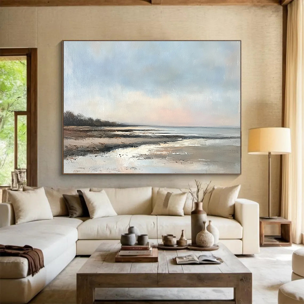 Oversized Abstract Wall Art Blue, Brown, and White Realistic Seaside Scene HPS317