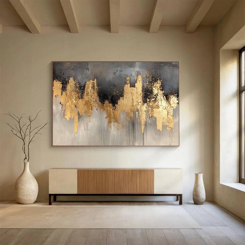 Large Contemporary Wall Art Gold, Gray & Black Textured Abstract Painting HPS296