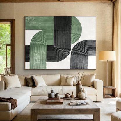 Hand Painted Art Green & Black Textured Geometric Abstract Painting On Canvas PT033