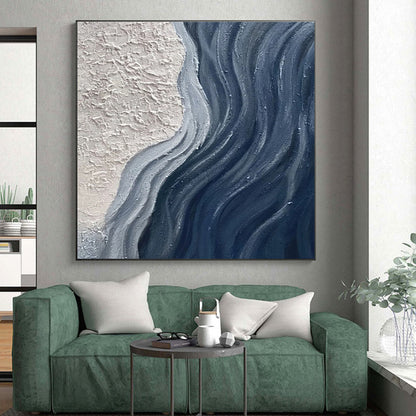 Large Size Beige Navy Textured Abstract Wave Acrylic Art PT444