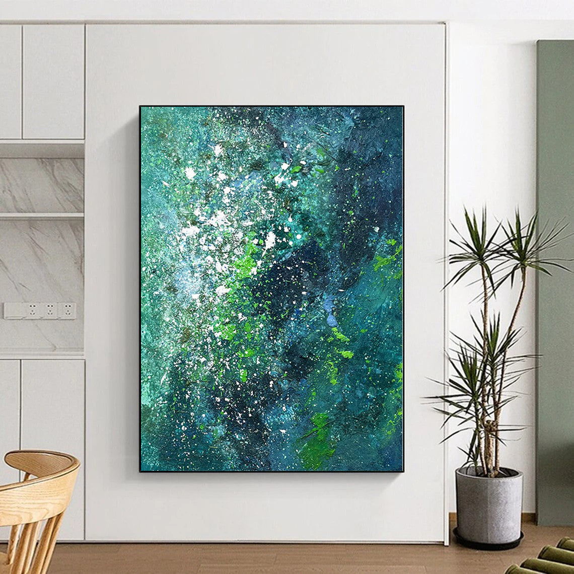 Acrylic Modern Art Paintings in Teal, Green, and White with Splattered Details PT015