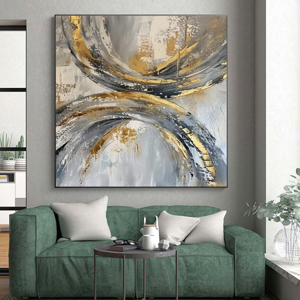 Oversized Abstract Wall Art Gold, Gray, and White Circular Abstract Art PT737