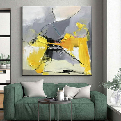 48x60 Yellow and Gray Abstract Expressive Work, Oversized Abstract Wall Art PT526