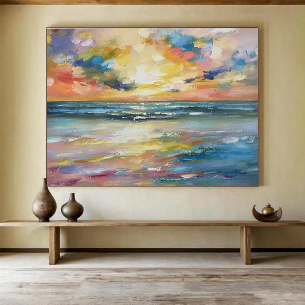 Large Painting In Living Room Multicolor Abstract Seaside Sunset Art HPS405