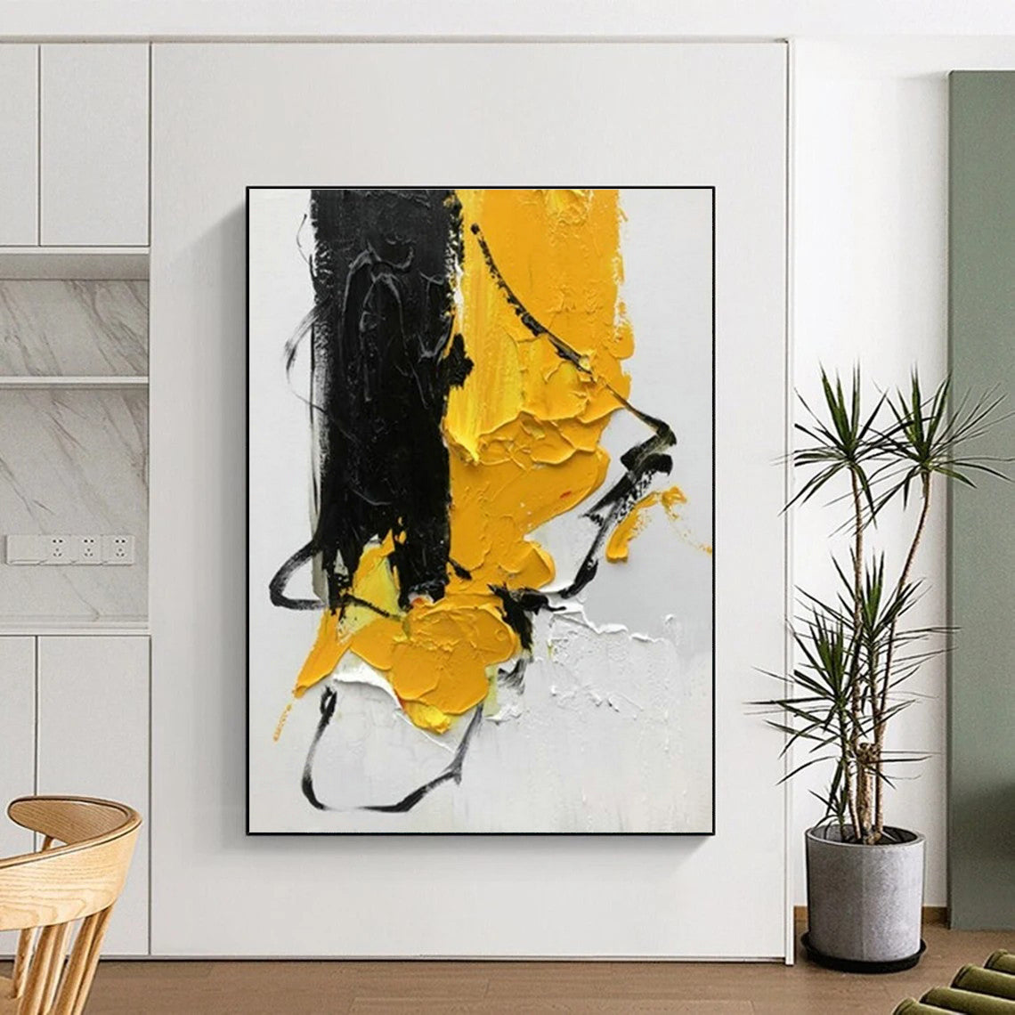 Hand Painted Art Black and Yellow Textured Abstract Composition, Acrylic Modern Art Painting PT521