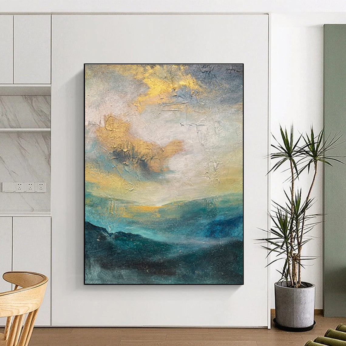 Hand Painting Teal, Gold, and Gray Landscape-Inspired Abstract Art PT651