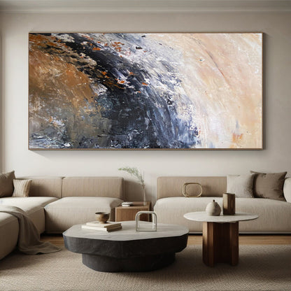 Handmade Art in Black, White, Brown, and Orange Textural Abstract Curves Painting On Canvas PT277