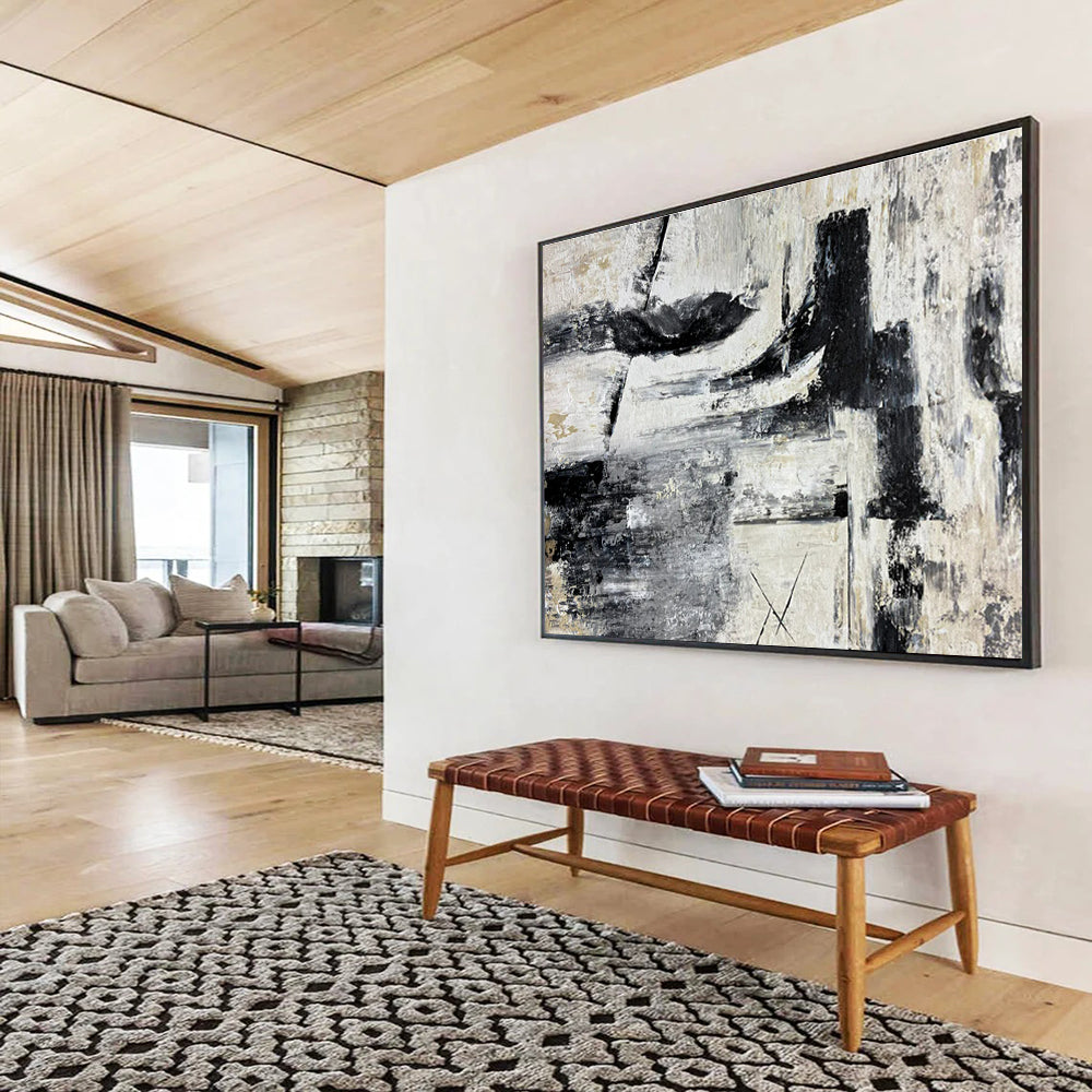 Huge Size Black, White, and Gray Textured Abstract Geometric Art HPS393