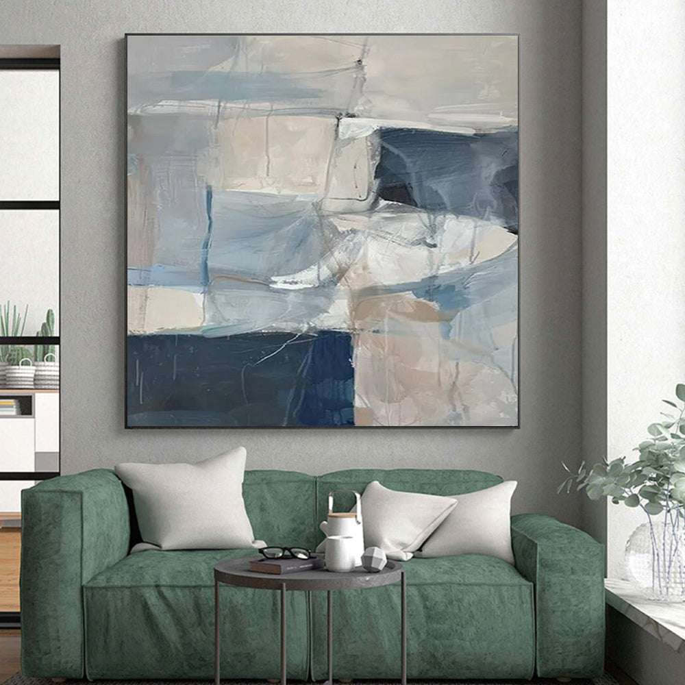 Acrylic Modern Art Paintings Blue, Beige, and White Geometric Abstract Art PT722