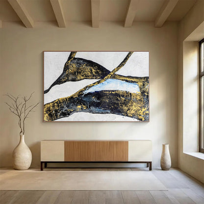 Hand Painted Art Black, Gold & Blue Abstract Shapes On Canvas HPS009