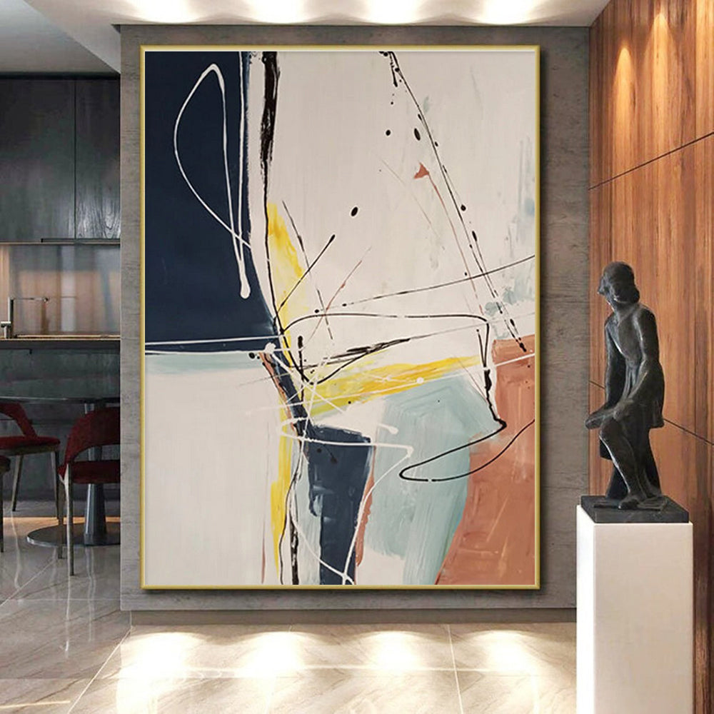 Hand-Painted Navy, Yellow, Beige, and Coral Abstract Painting with Dynamic Lines, Acrylic Modern Art PT211