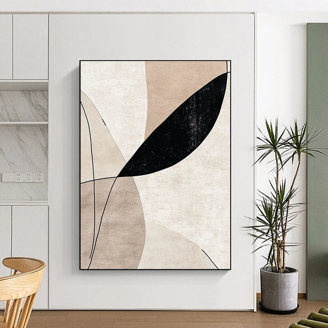 Modern Large Abstract Canvas Painting, Beige Black Gray Minimalist Geometric Abstract Art PT137