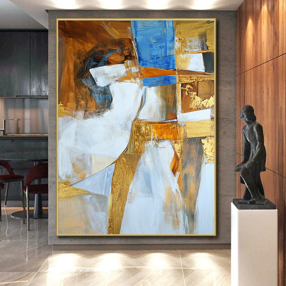 Original Large Abstract Paintings For Sale, Gold Blue White Abstract Textured Art PT162