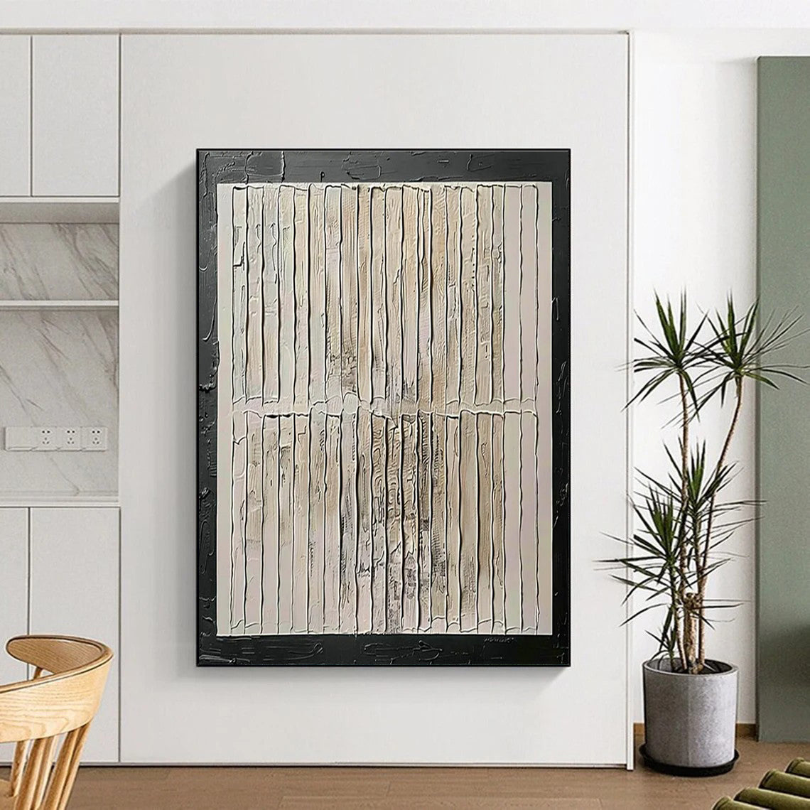 Hand-Painted Beige, White, and Black Textured Abstract Art PT815