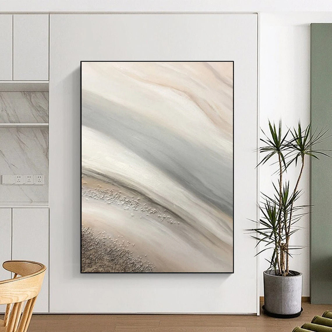 Handmade Art Beige, Gray and Silver Textured Abstract Flow, Large Contemporary Wall Art PT544