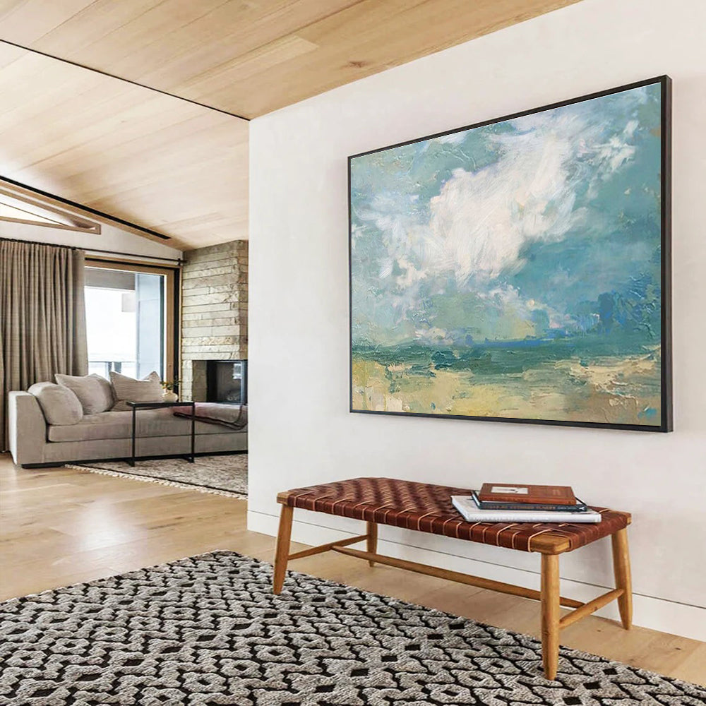 Large Size Blue, Green, and Beige Abstract Landscape Art HPS384