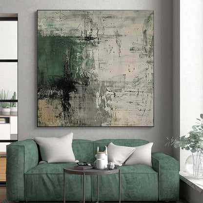Hand-Painted - Green, Gray & Beige Textured Abstract Art with Dynamic Lines PT598