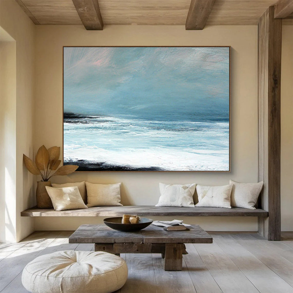 Hand Painting Light Blue & White Abstract Coastal Wave Art HPS187