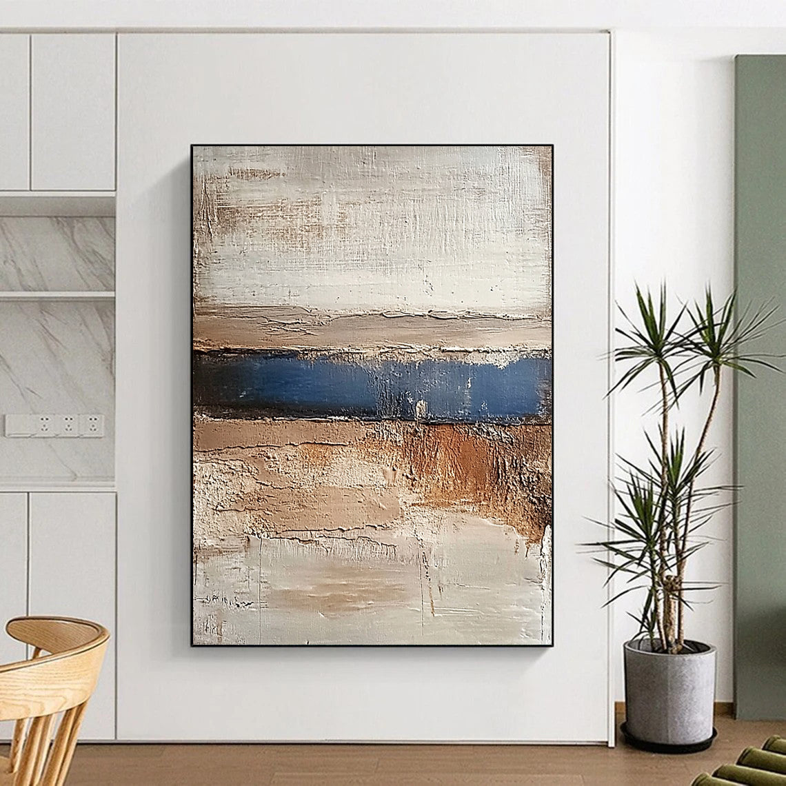 Modern Large Abstract Canvas Painting With Beige, Blue, Brown Textured Layers On Canvas PT193