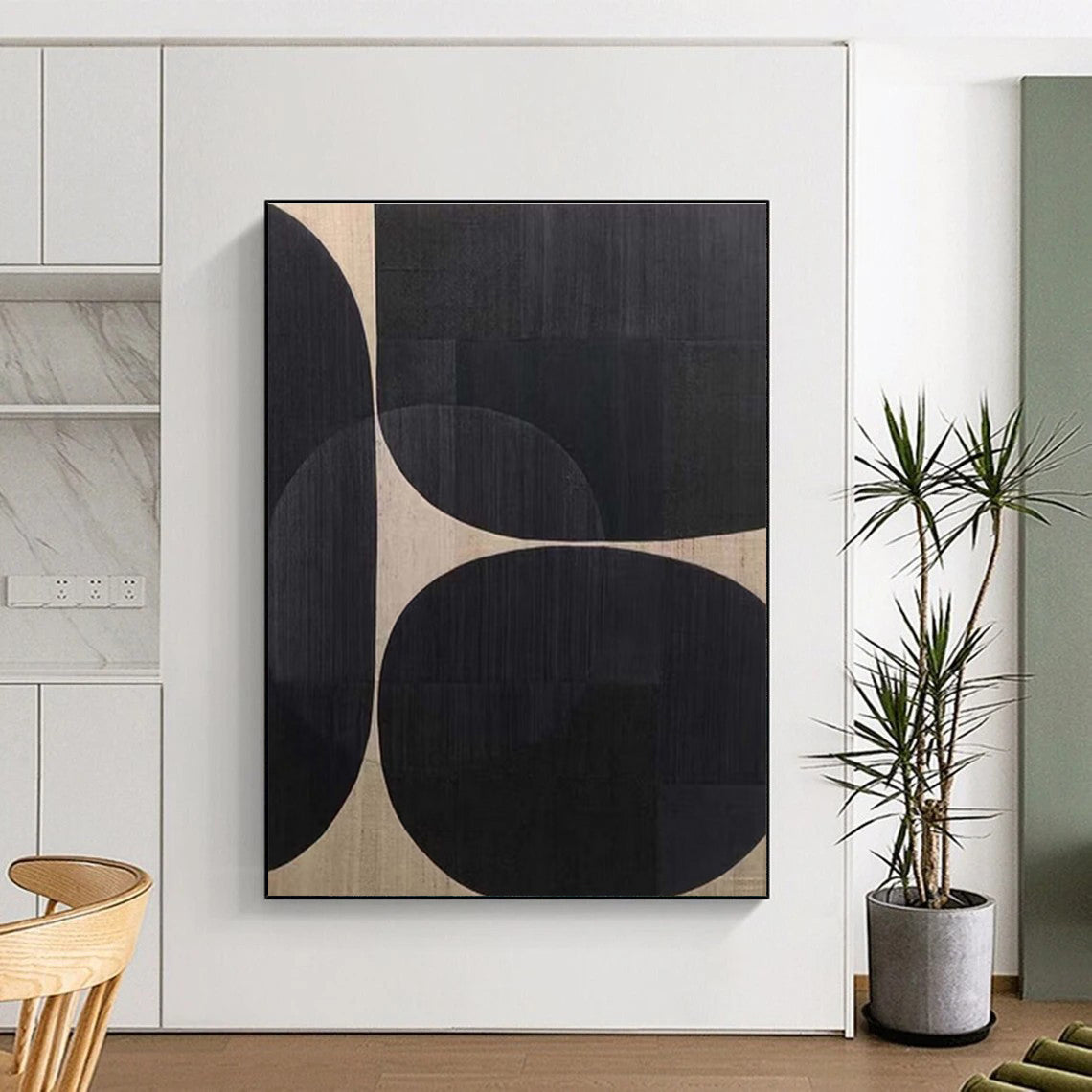 Minimalist Canvas Art in Black and Beige Circular Geometric Shapes, Hand Painted Art PT324
