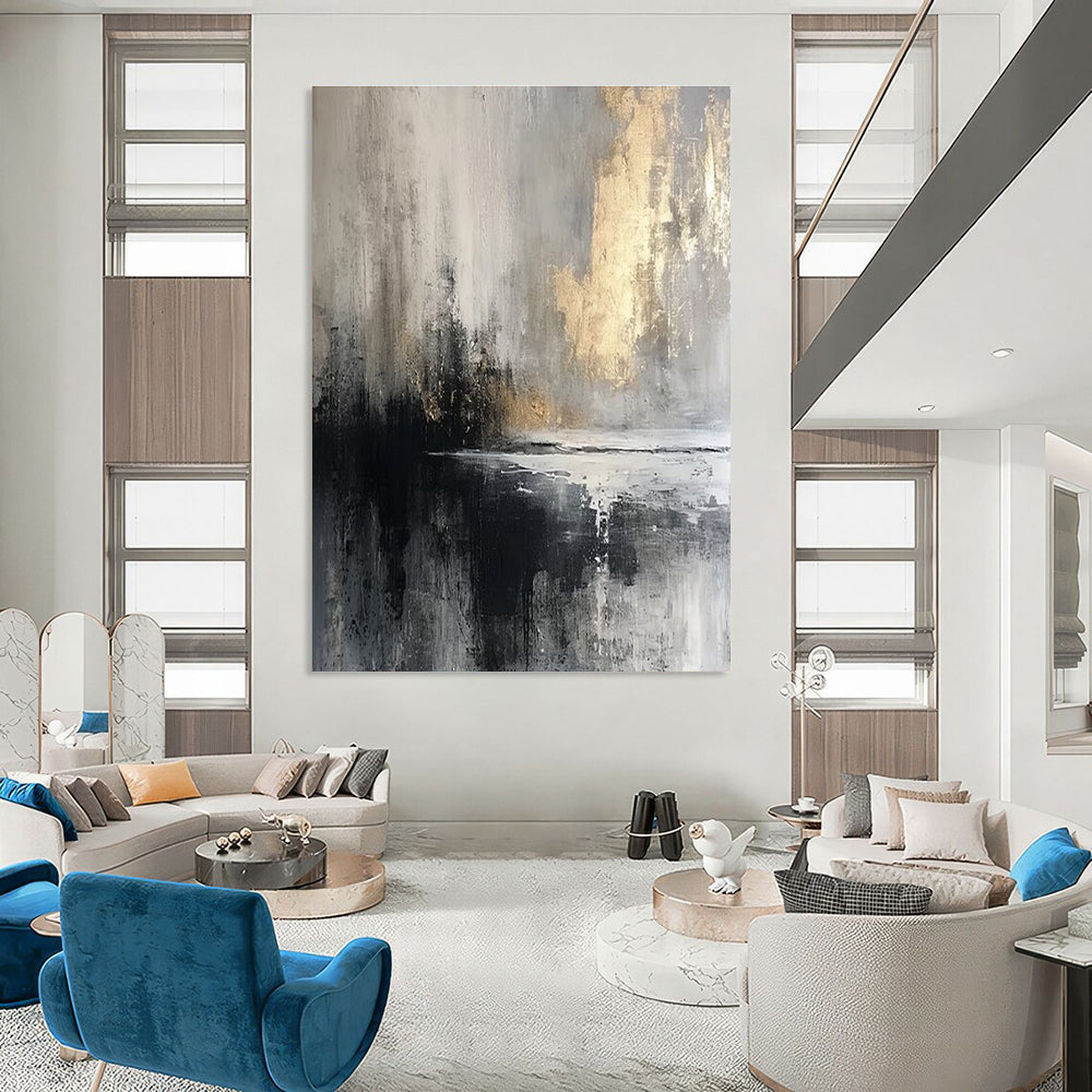 48x60 Black, Gray & Gold Abstract Waterfront, Acrylic Modern Art Paintings DPS490