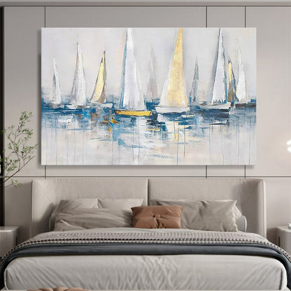 Modern Art Acrylic White & Gold Sailboat Abstract Painting HPS228
