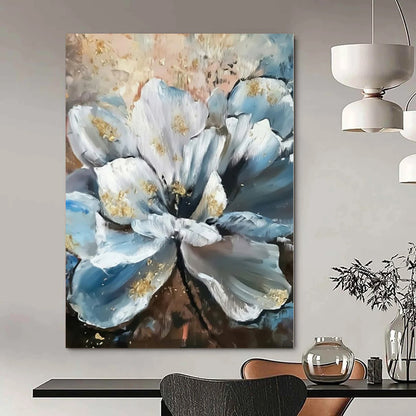 Hand Painted Art Blue and White Floral with Gold Accents Abstract Flower Painting DPS428