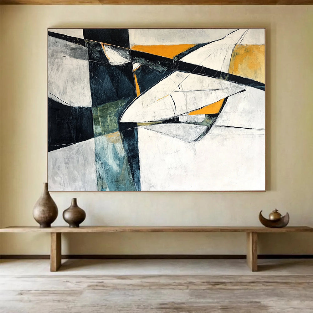 Gaint Canvas Art Black, White, Orange, and Teal Geometric Abstract Painting HPS312