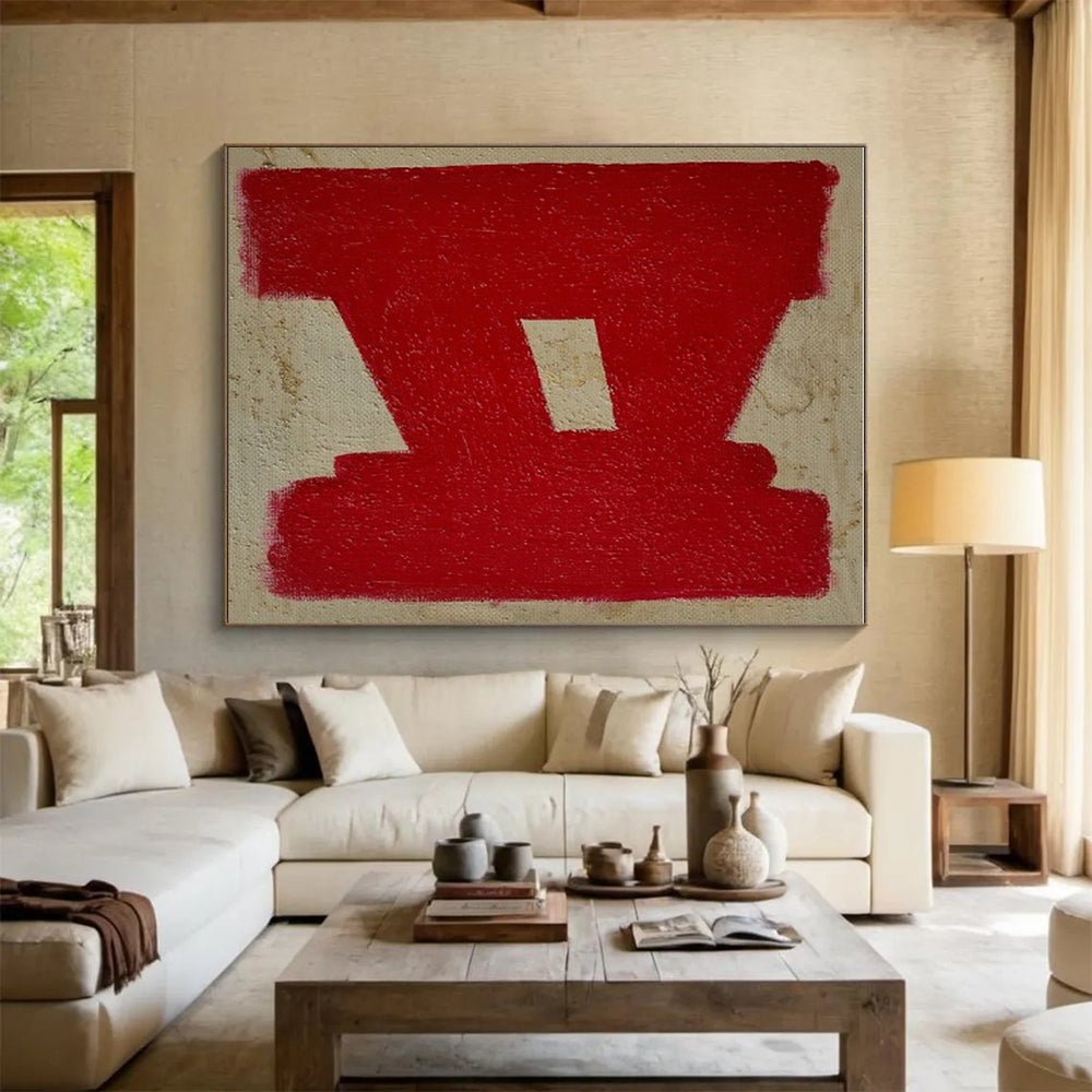Handmade Art Red and Beige Geometric Abstract Art PT640