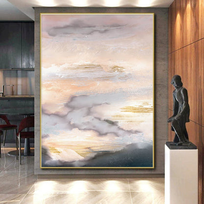 Hand-Painted Pink, Beige, Grey, and Gold Abstract Cloudscape Art PT241