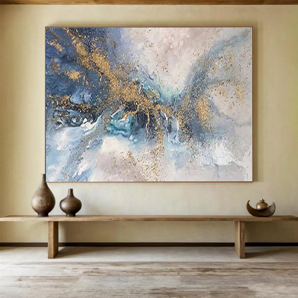 Acrylic Modern Art Paintings Blue, Gray & Gold Abstract Fluid Art HPS155