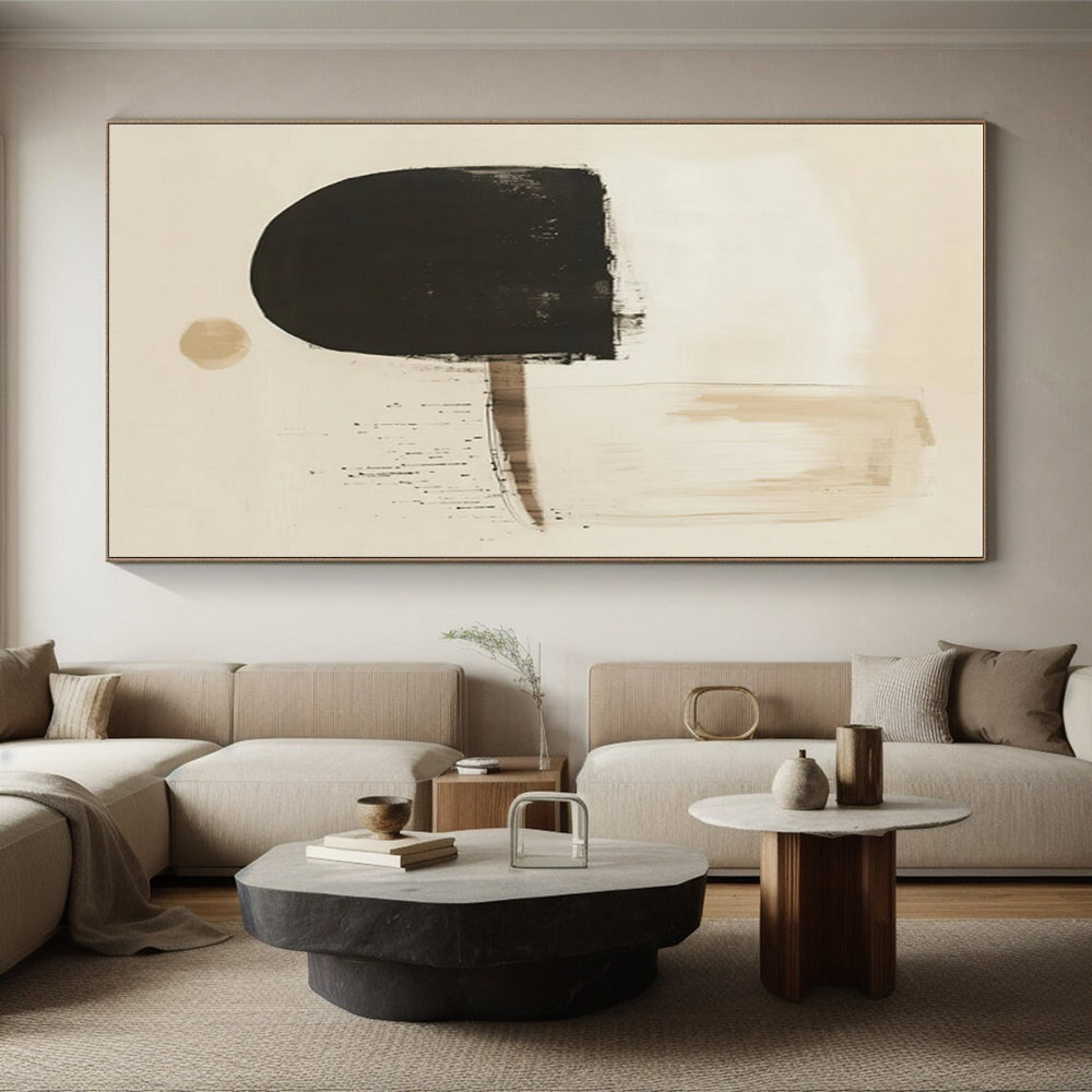 Minimalist Canvas Art Beige Black Abstract Shape Art PT374