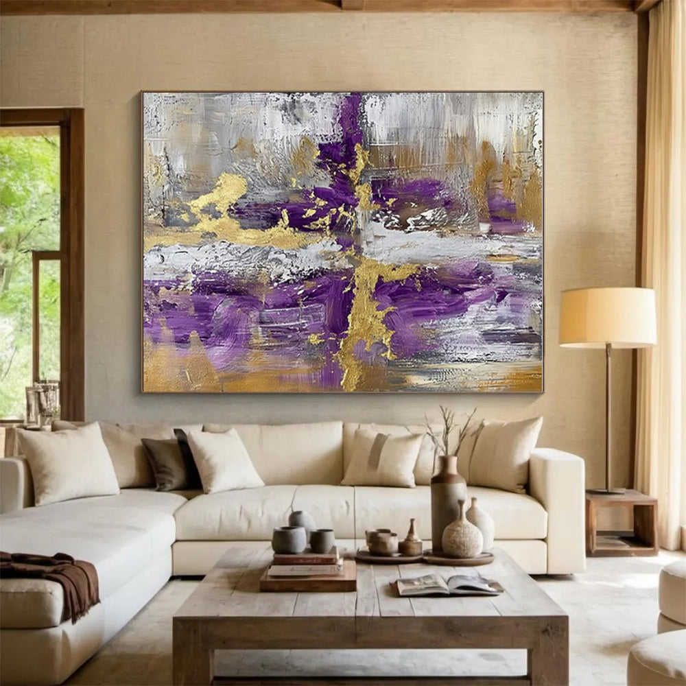Hand Painted Art - Purple, Gold & Gray Geometric Abstract Art with Textured Details PT593
